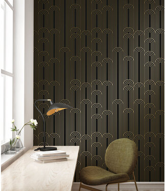 Goud metallic | Afwasbaar Golden Lines, Goud geometrisch lijnen behang, Zwart