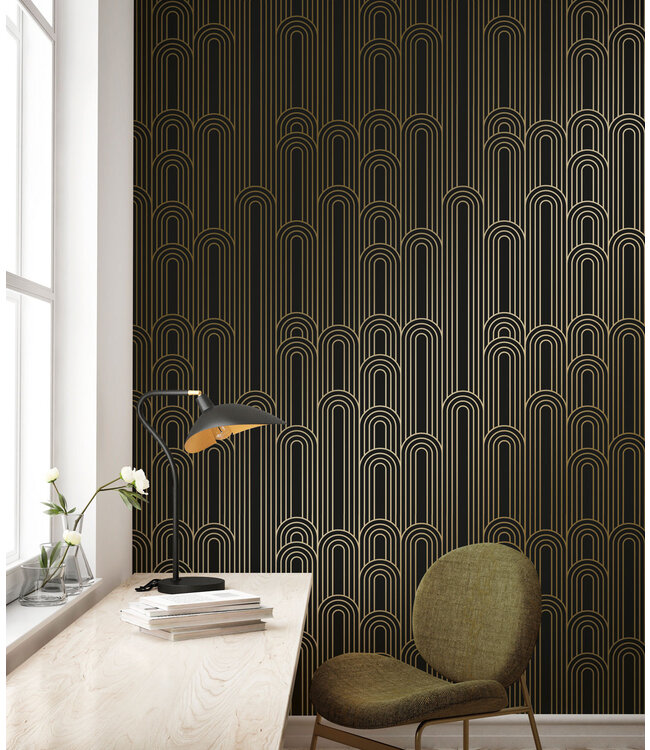 Golden Lines, Tapete mit goldenen geometrischen Linien, Schwarz, Waschbar, 100 x 280 cm