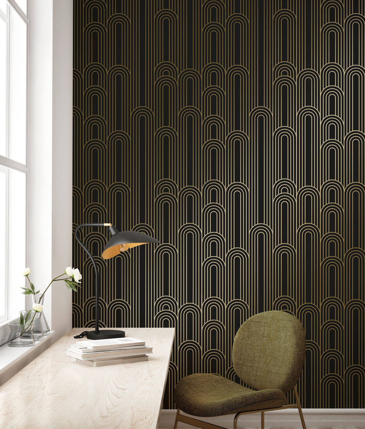 Golden Lines MW091, Gold geometric lines wallpaper, Black/Gold KEK