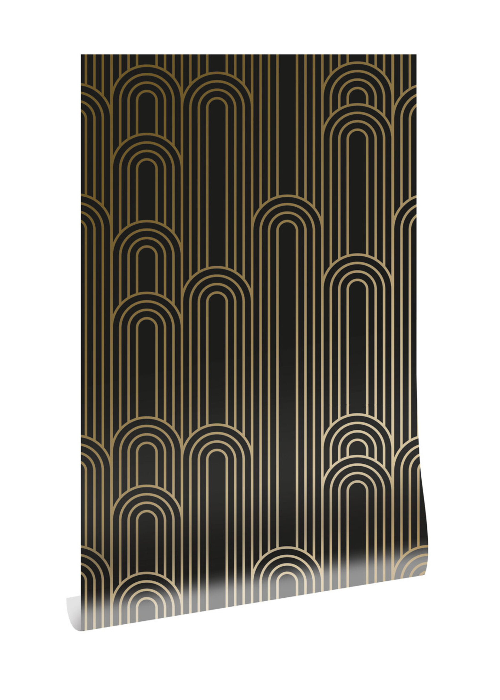 Goud metallic | Afwasbaar Golden Lines, Gold geometric lines wallpaper, Black, Washable, 100 x 280 cm