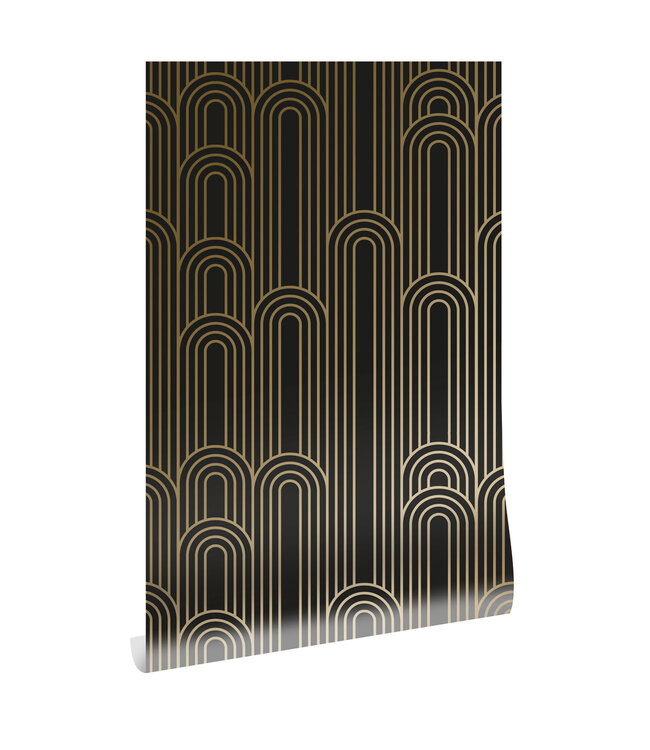 Golden Lines, Goud geometrisch lijnen behang, Zwart, Afwasbaar, 100 x 280 cm
