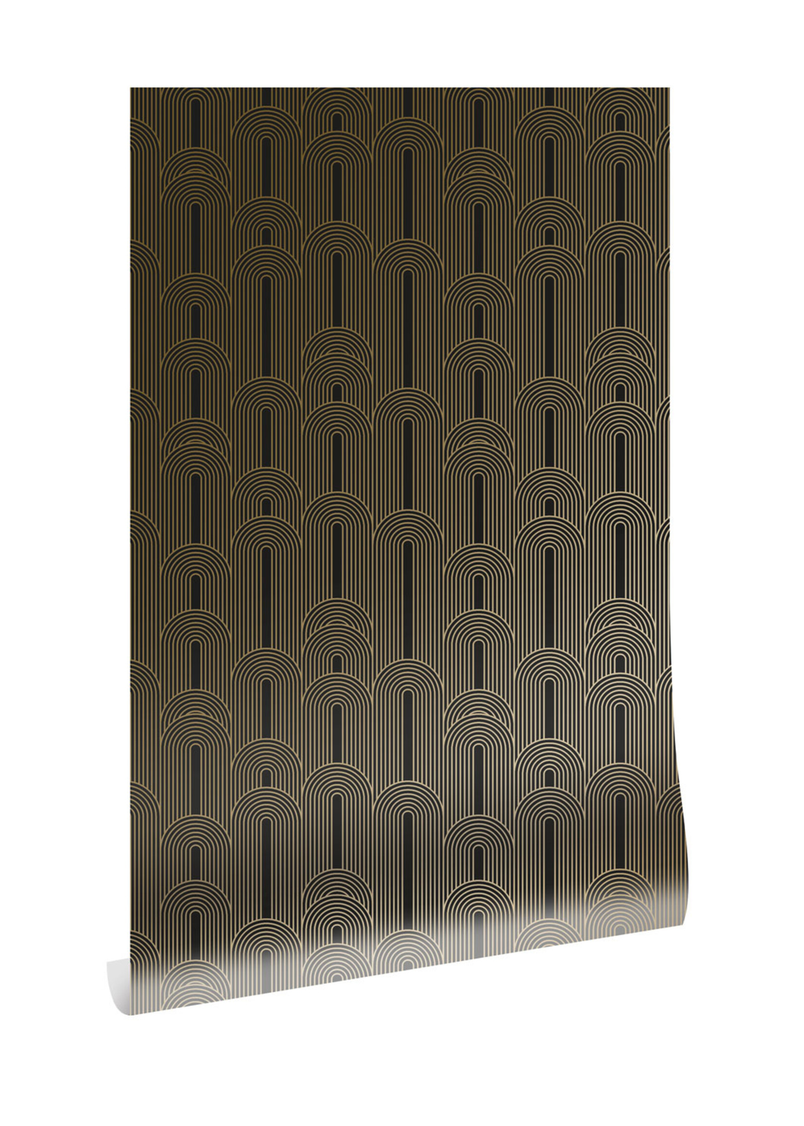Goud metallic | Afwasbaar Golden Lines, Tapete mit goldenen geometrischen Linien, Schwarz, Waschbar, 100 x 280 cm