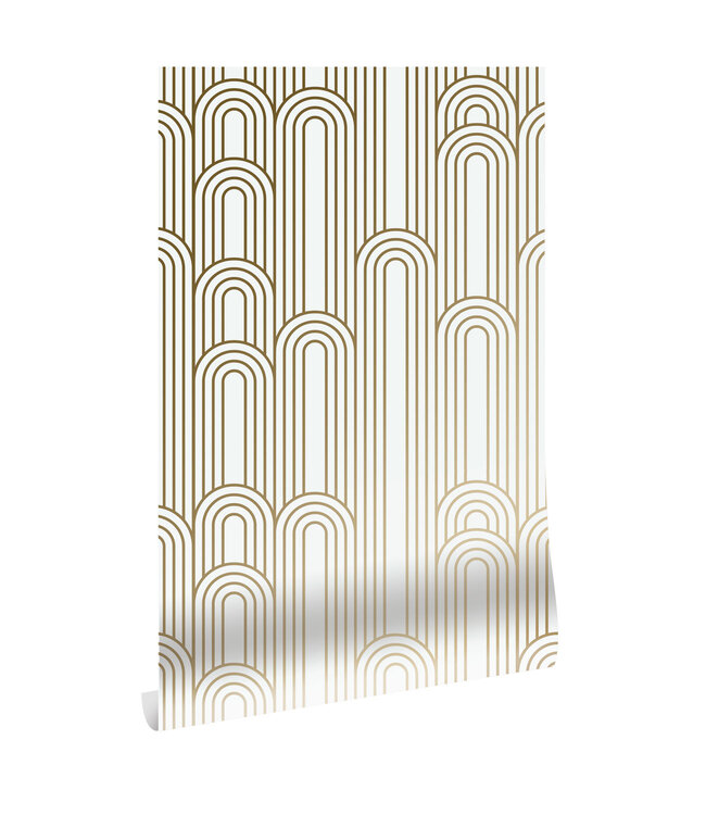 Golden Lines, Tapete mit goldenen geometrischen Linien, Grauweiß, Waschbar, 100 x 280 cm