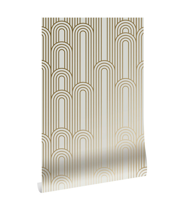 Golden Lines, Goud geometrisch lijnen behang, Zand, Afwasbaar, 100 x 280 cm