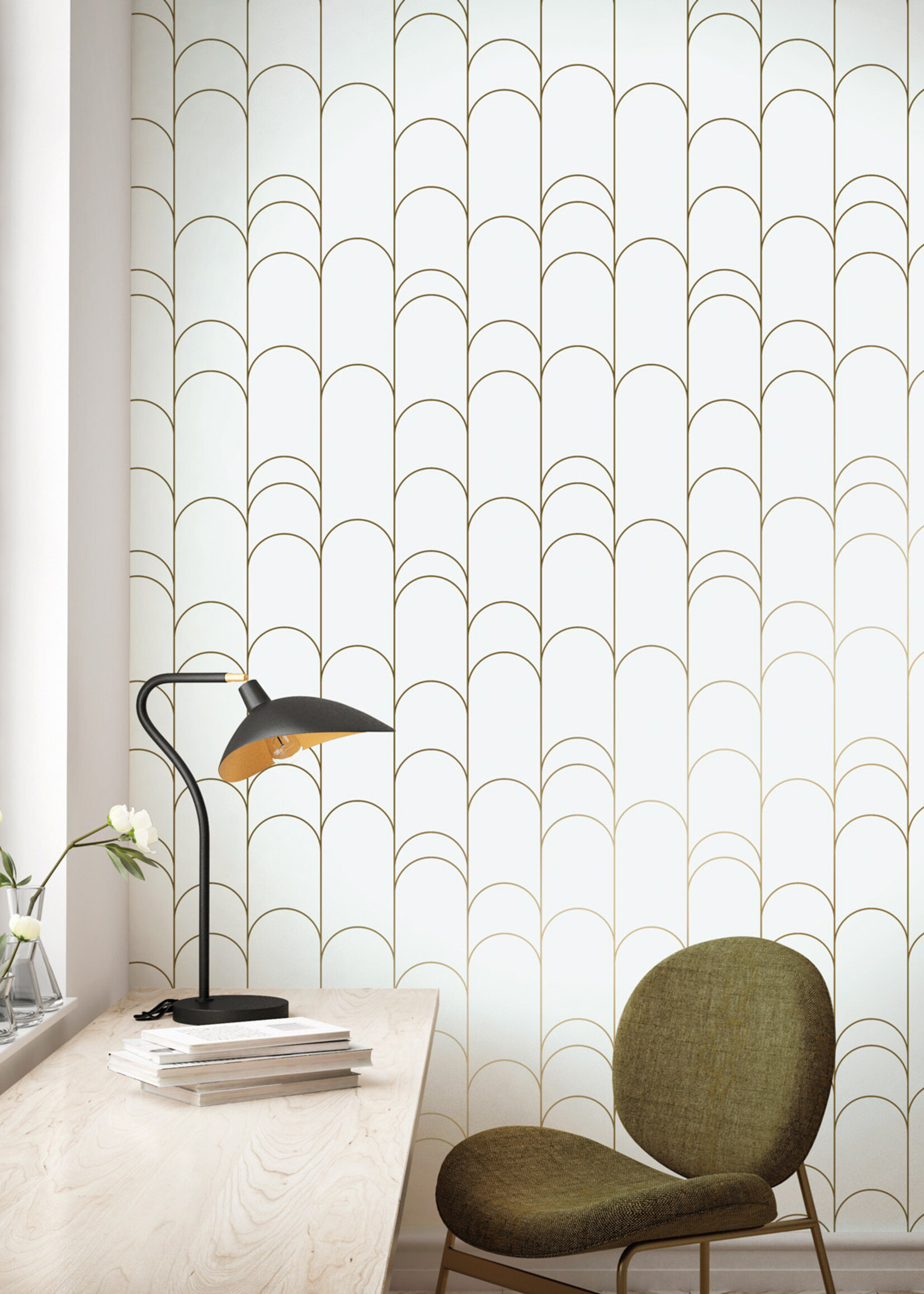 Goud metallic | Afwasbaar Golden Lines, Goud geometrisch lijnen behang, Off-white/Goud, Afwasbaar, 100 x 280 cm