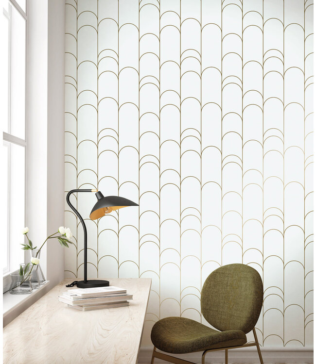 Golden Lines, Tapete mit goldenen geometrischen Linien, Grauweiß/Gold, Waschbar, 100 x 280 cm