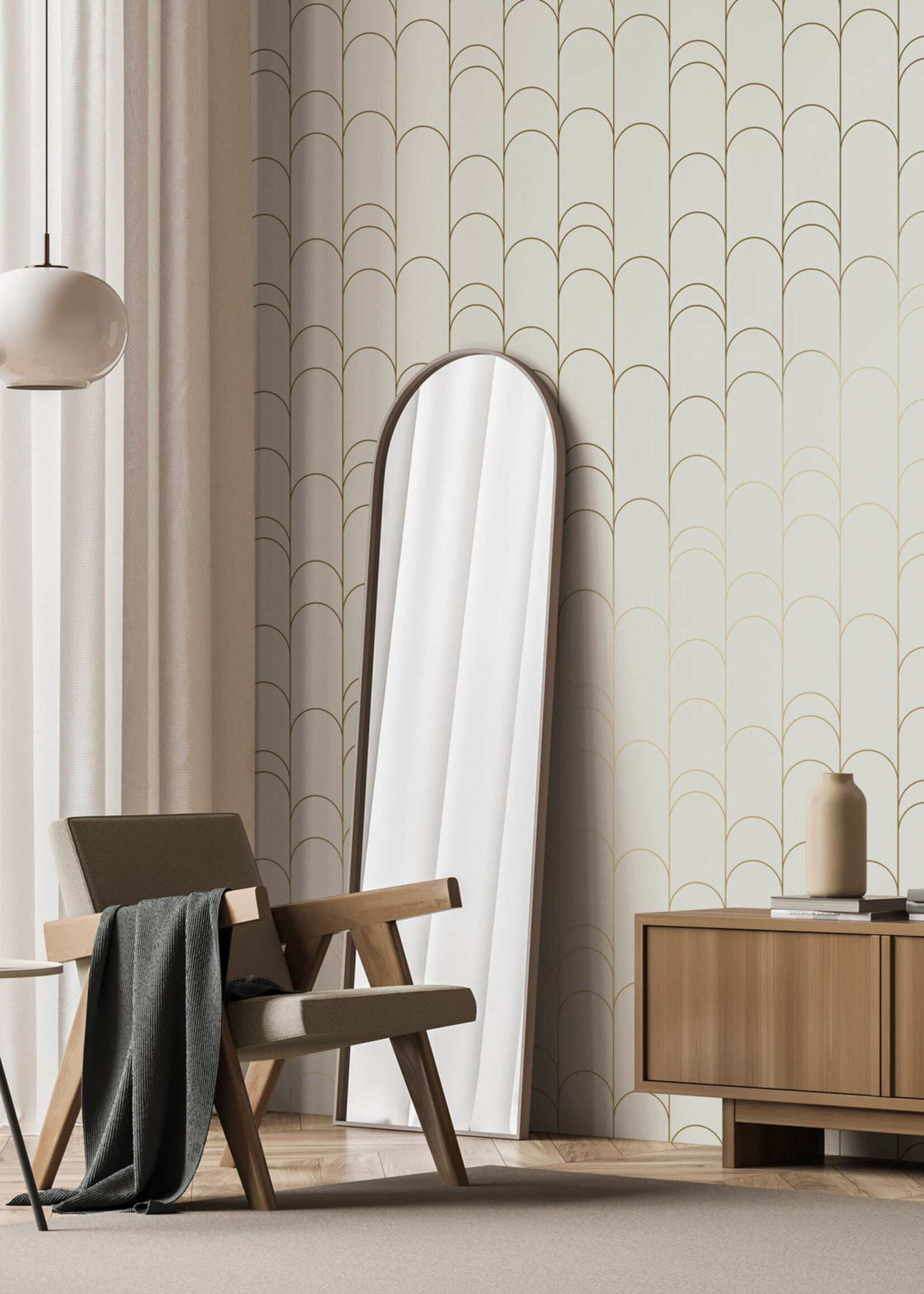 Goud metallic | Afwasbaar Golden Lines, Gold geometric lines wallpaper, Sand, Washable, 100 x 280 cm