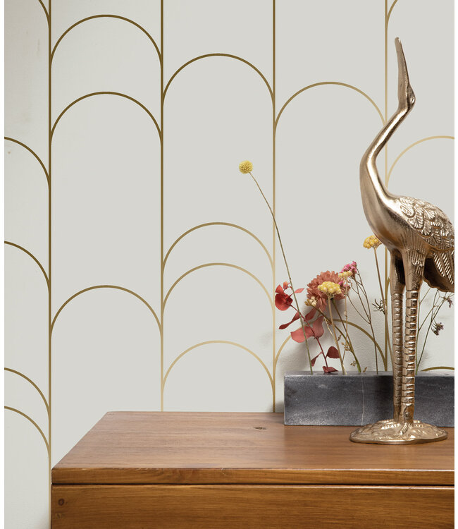 Golden Lines, Goud geometrisch lijnen behang, Zand, Afwasbaar, 100 x 280 cm