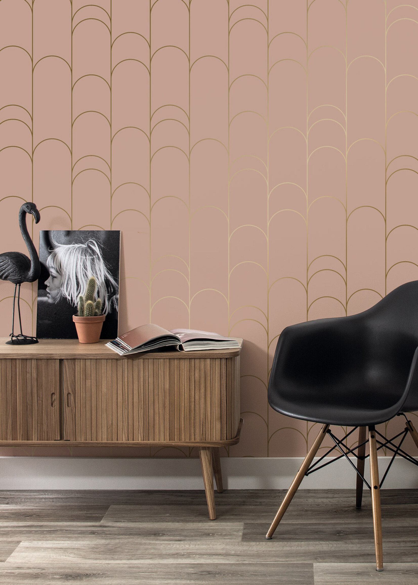 Goud metallic | Afwasbaar Golden Lines, Goud geometrisch lijnen behang, Nude, Afwasbaar, 100 x 280 cm