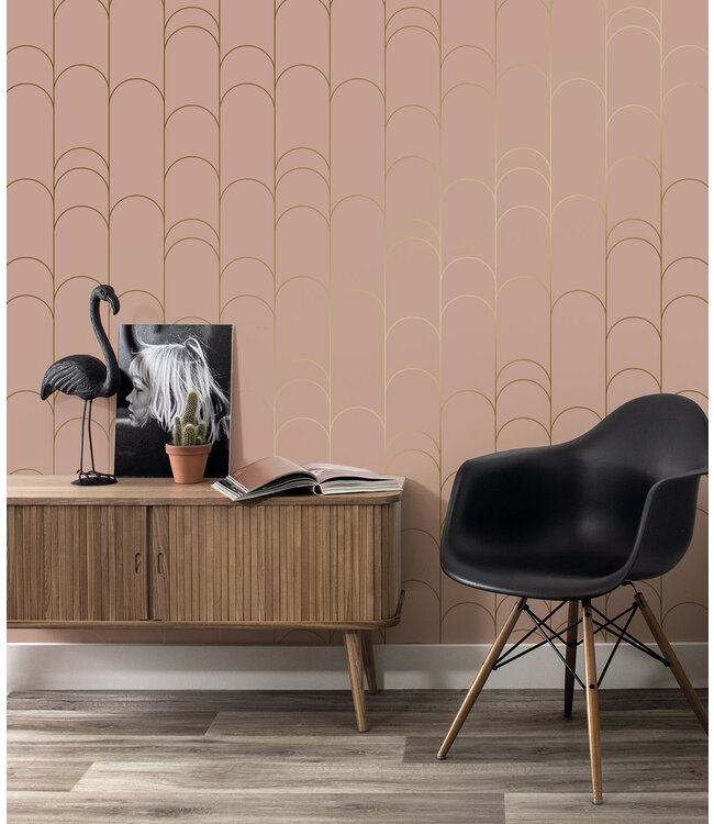 Golden Lines, Tapete mit goldenen geometrischen Linien, Rosa, Waschbar, 100 x 280 cm