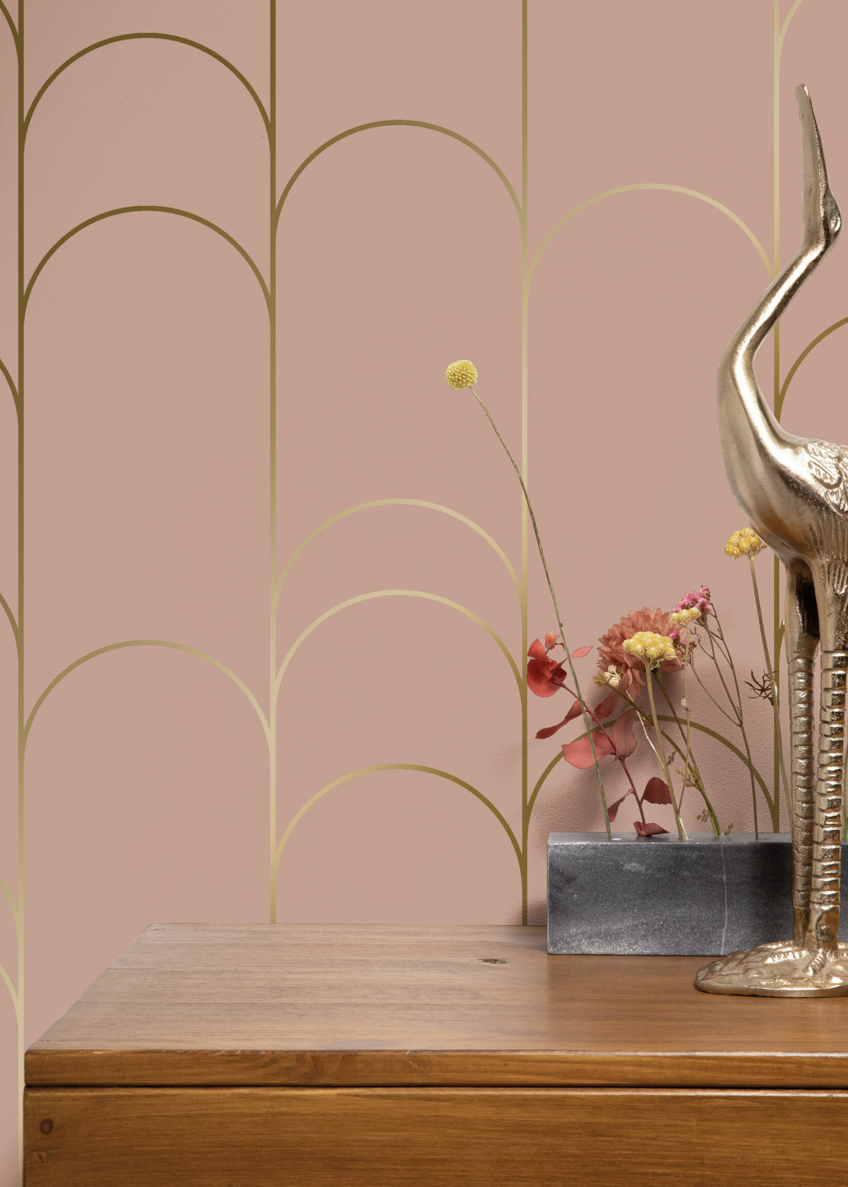 Goud metallic | Afwasbaar Golden Lines, Gold geometric lines wallpaper, Nude, Washable, 100 x 280 cm