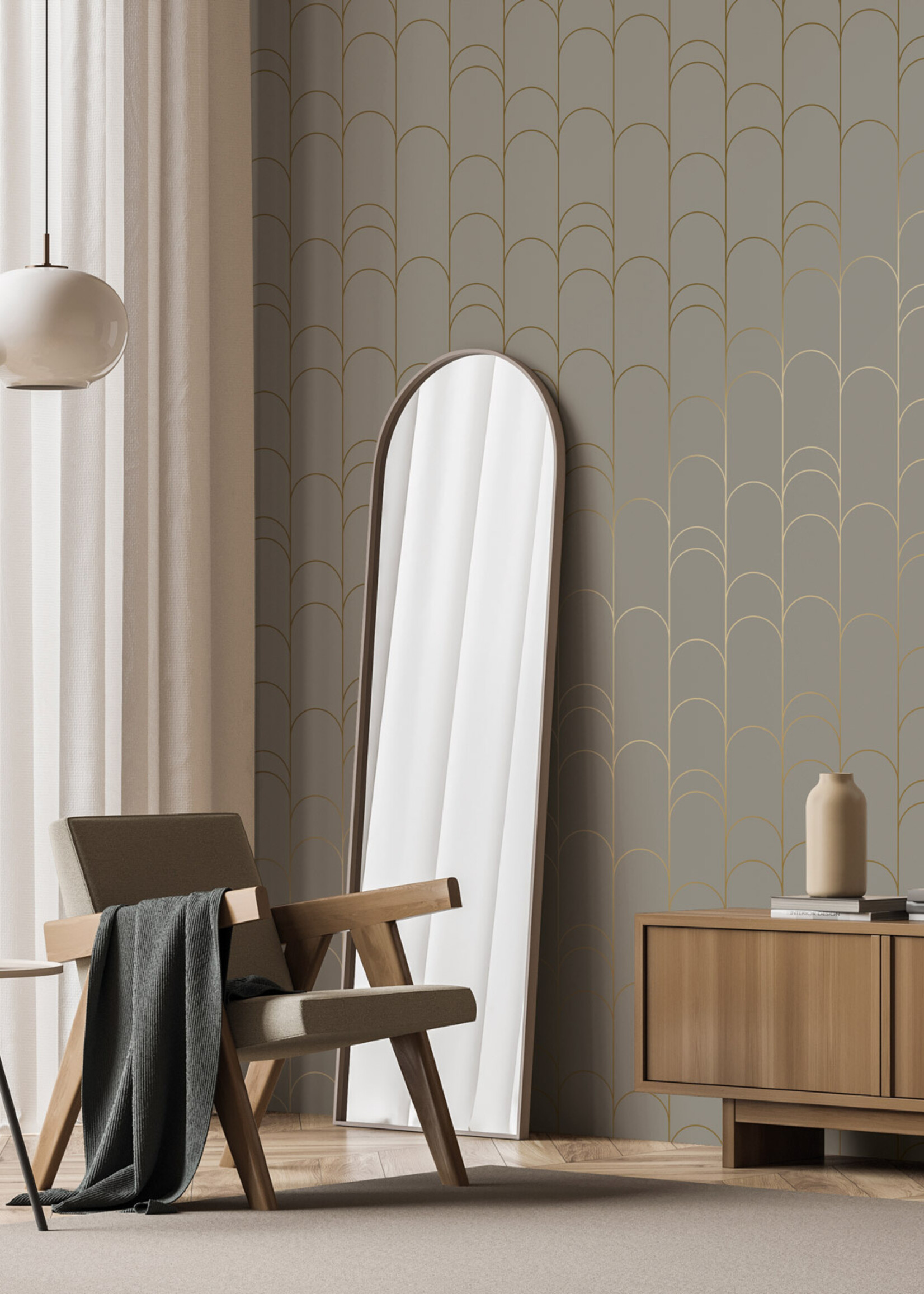 Goud metallic | Afwasbaar Golden Lines, Tapete mit goldenen geometrischen Linien, Taupe, Waschbar, 100 x 280 cm