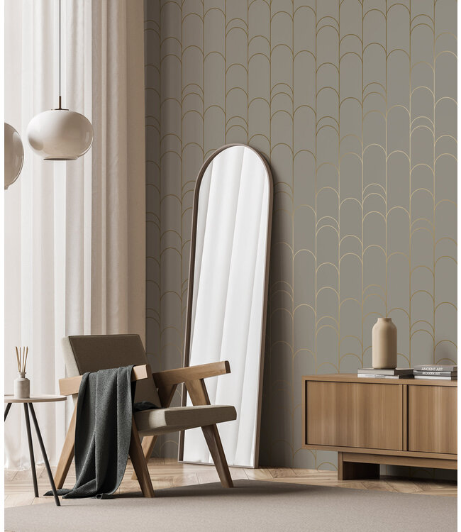 Golden Lines, Gold geometric lines wallpaper, Taupe, Washable, 100 x 280 cm