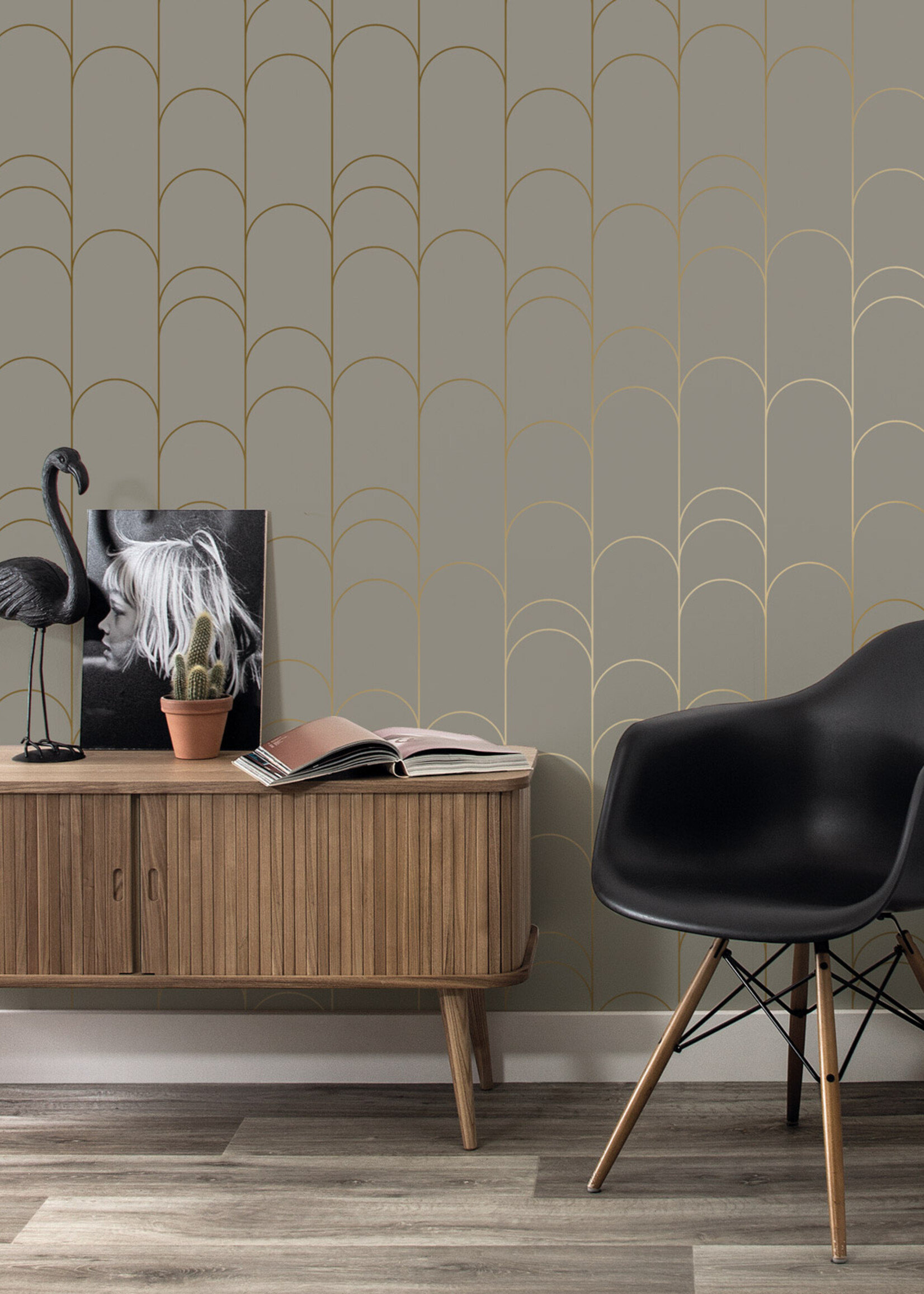 Goud metallic | Afwasbaar Golden Lines, Gold geometric lines wallpaper, Taupe, Washable, 100 x 280 cm
