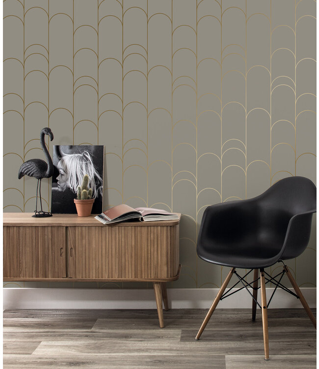 Golden Lines, Gold geometric lines wallpaper, Taupe, Washable, 100 x 280 cm