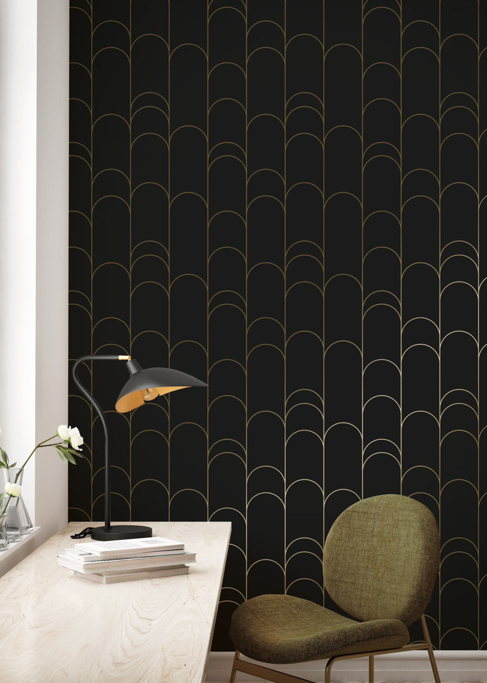 Goud metallic | Afwasbaar Golden Lines, Gold geometric lines wallpaper, Black, Washable, 100 x 280 cm