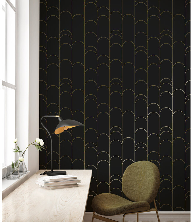 Golden Lines, Goud geometrisch lijnen behang, Zwart, Afwasbaar, 100 x 280 cm