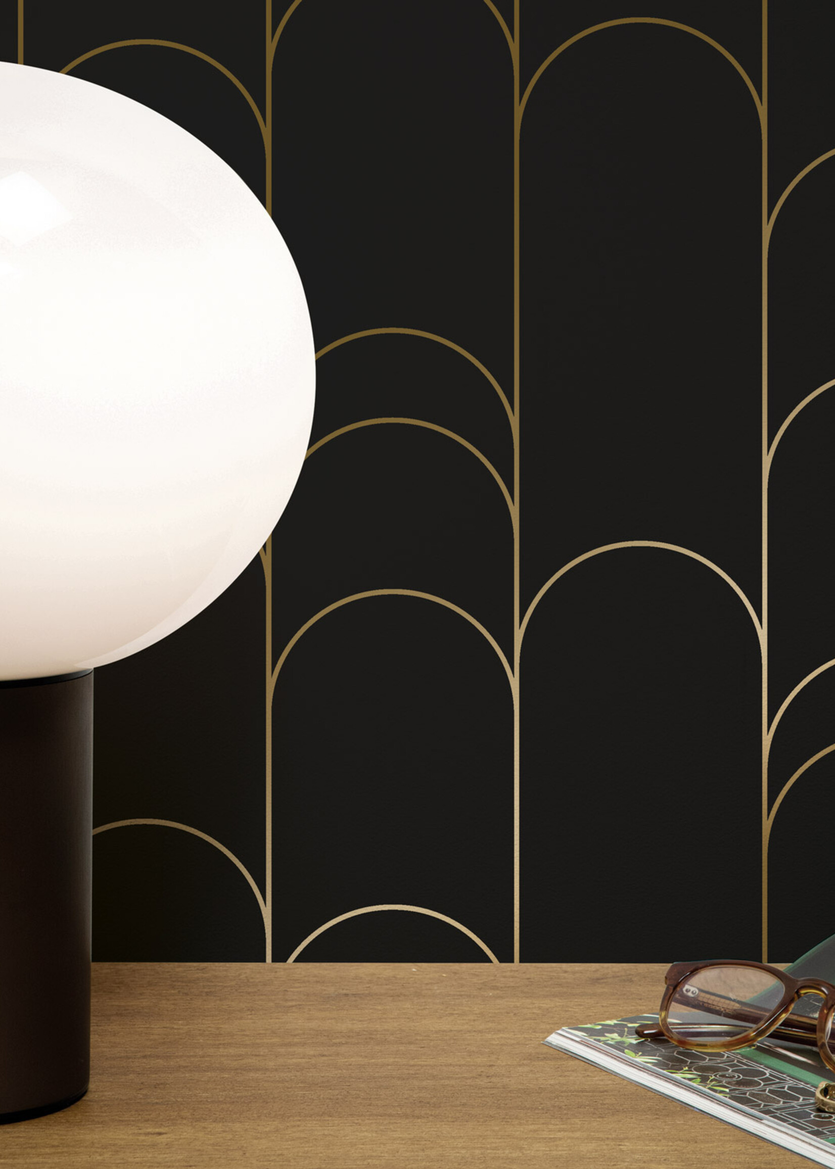 Goud metallic | Afwasbaar Golden Lines, Tapete mit goldenen geometrischen Linien, Schwarz, Waschbar, 100 x 280 cm