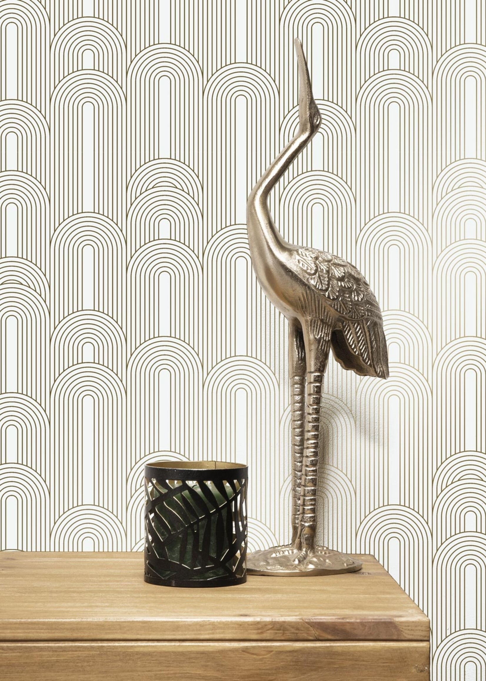 Goud metallic | Afwasbaar Golden Lines, Tapete mit goldenen geometrischen Linien, Grauweiß, Waschbar, 100 x 280 cm