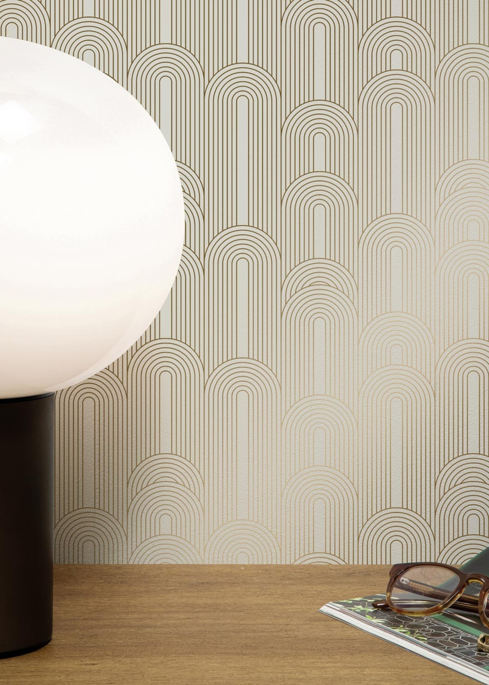 Goud metallic | Afwasbaar Golden Lines, Gold geometric lines wallpaper, Sand, Washable, 100 x 280 cm