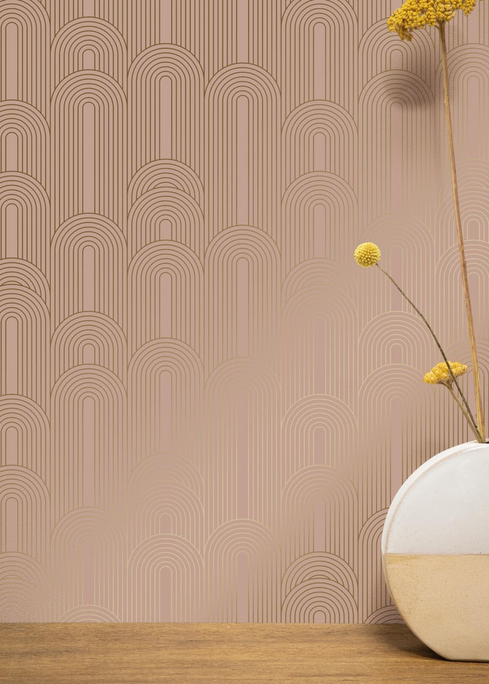 Goud metallic | Afwasbaar Golden Lines, Goud geometrisch lijnen behang, Nude, Afwasbaar, 100 x 280 cm