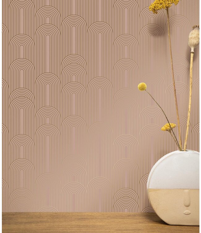 Golden Lines, Goud geometrisch lijnen behang, Nude, Afwasbaar, 100 x 280 cm