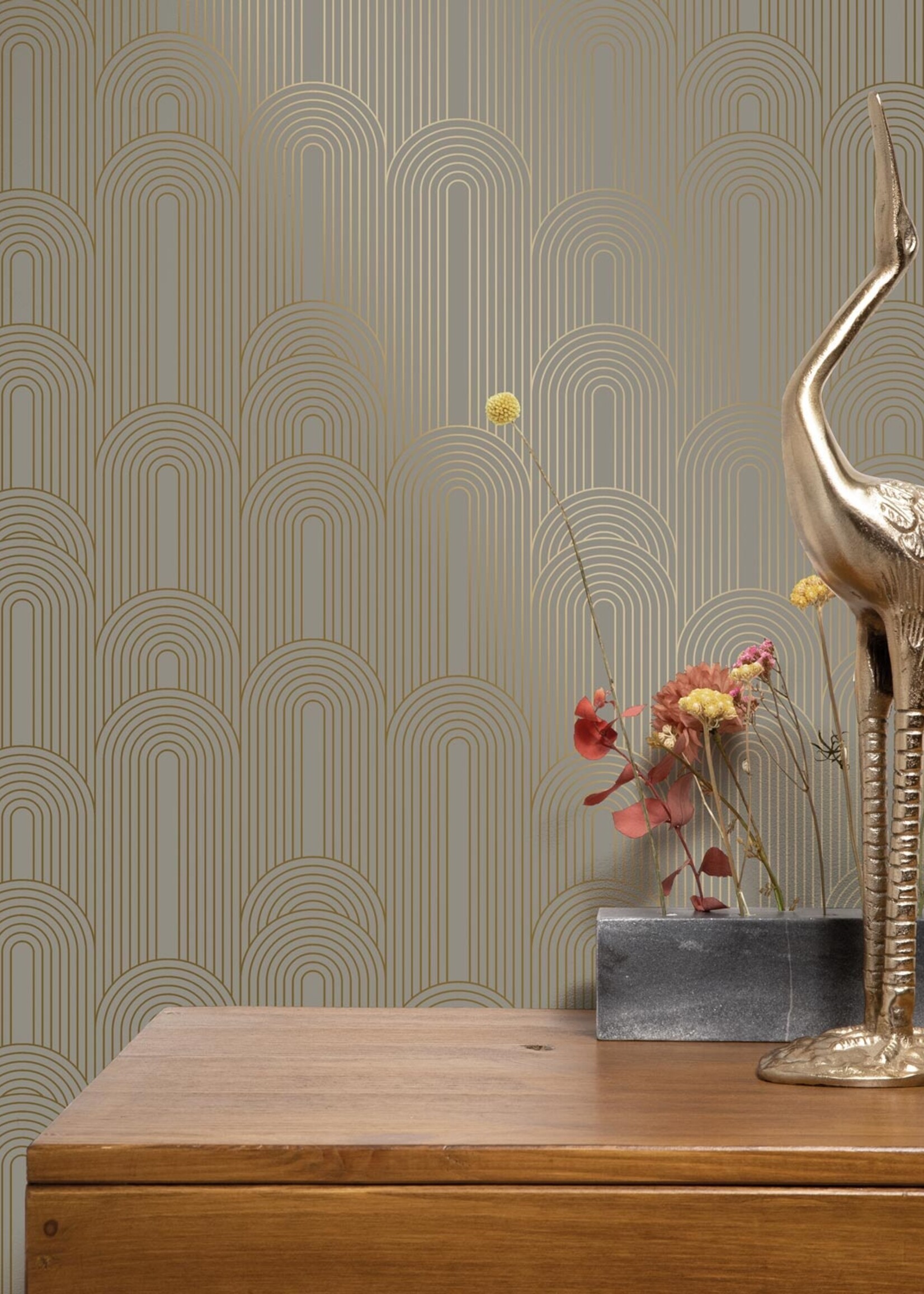 Goud metallic | Afwasbaar Golden Lines, Tapete mit goldenen geometrischen Linien, Taupe, Waschbar, 100 x 280 cm