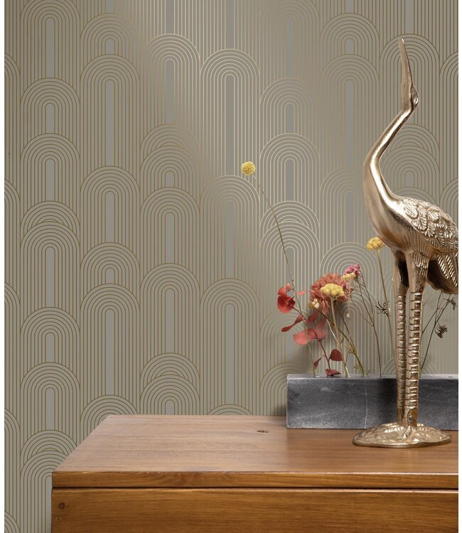 Golden Lines, Tapete mit goldenen geometrischen Linien, Taupe, Waschbar, 100 x 280 cm