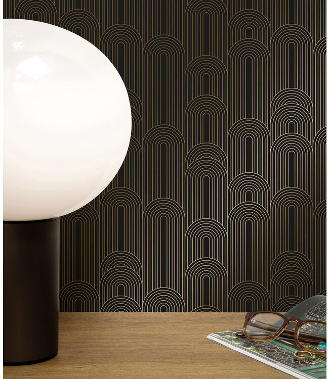 Golden Lines, Gold geometric lines wallpaper, Black, Washable, 100 x 280 cm
