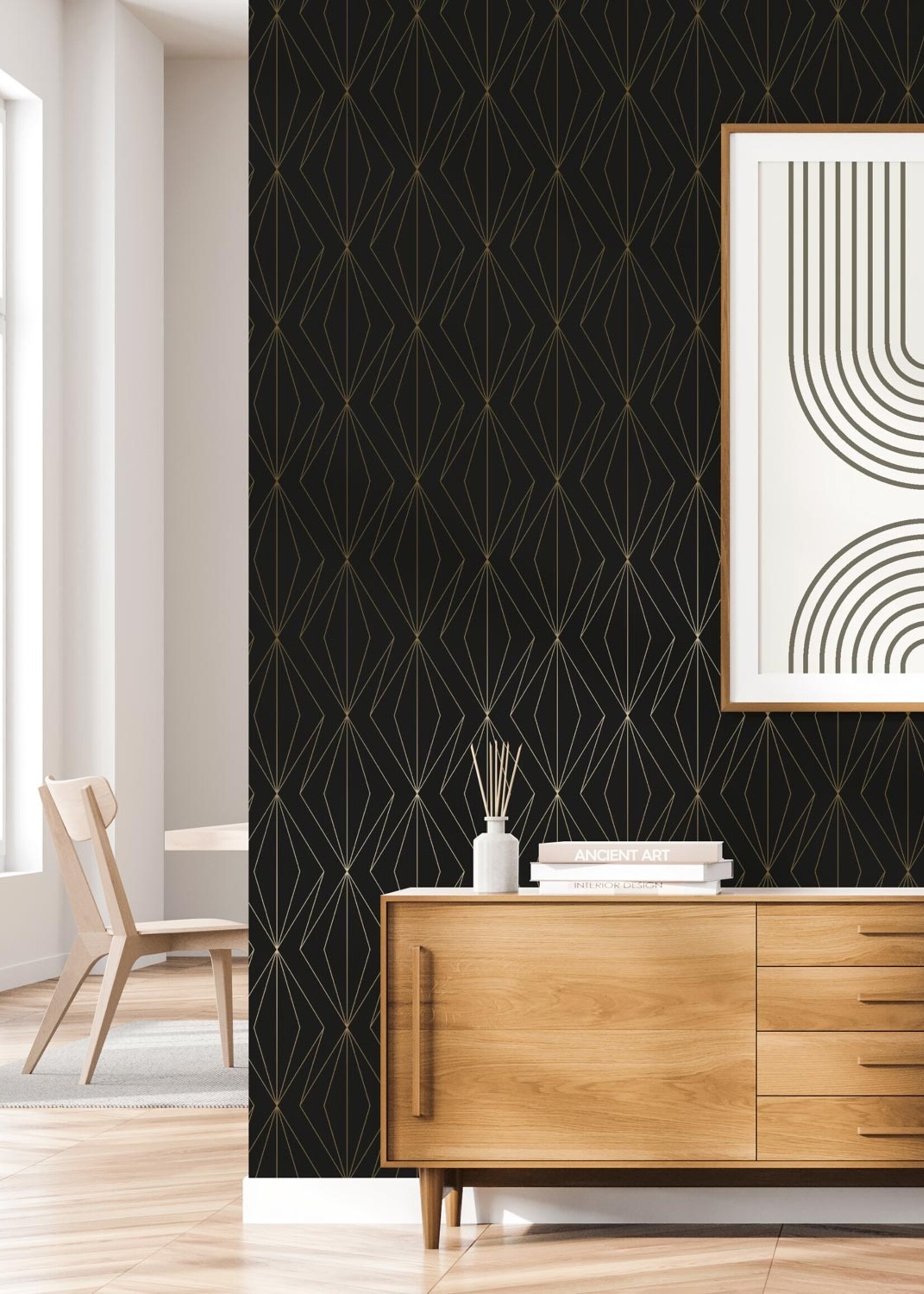 Goud metallic | Afwasbaar Golden Lines, Goud geometrisch lijnen behang, Zwart, Afwasbaar, 100 x 280 cm