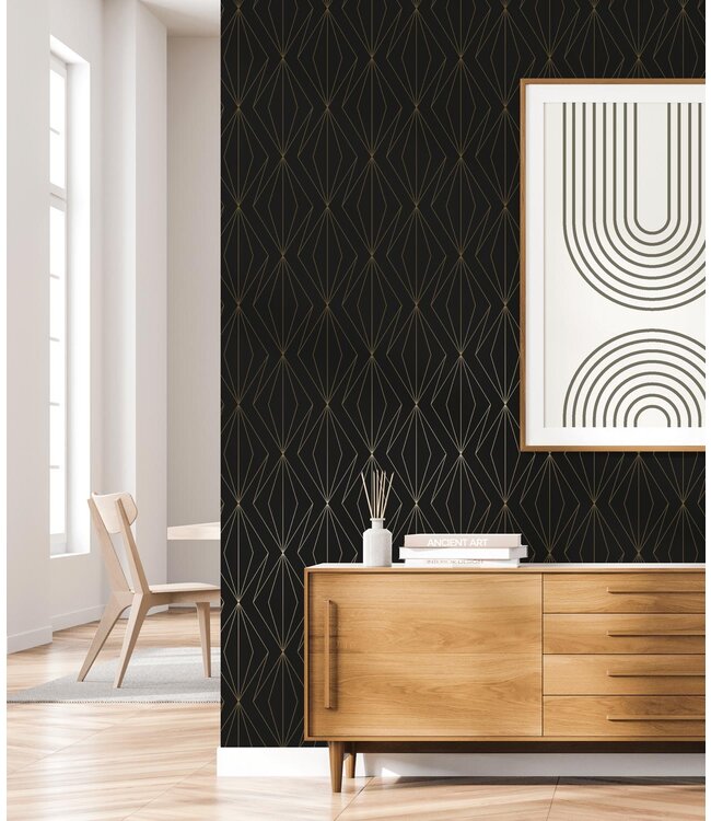 Golden Lines, Goud geometrisch lijnen behang, Zwart, Afwasbaar, 100 x 280 cm