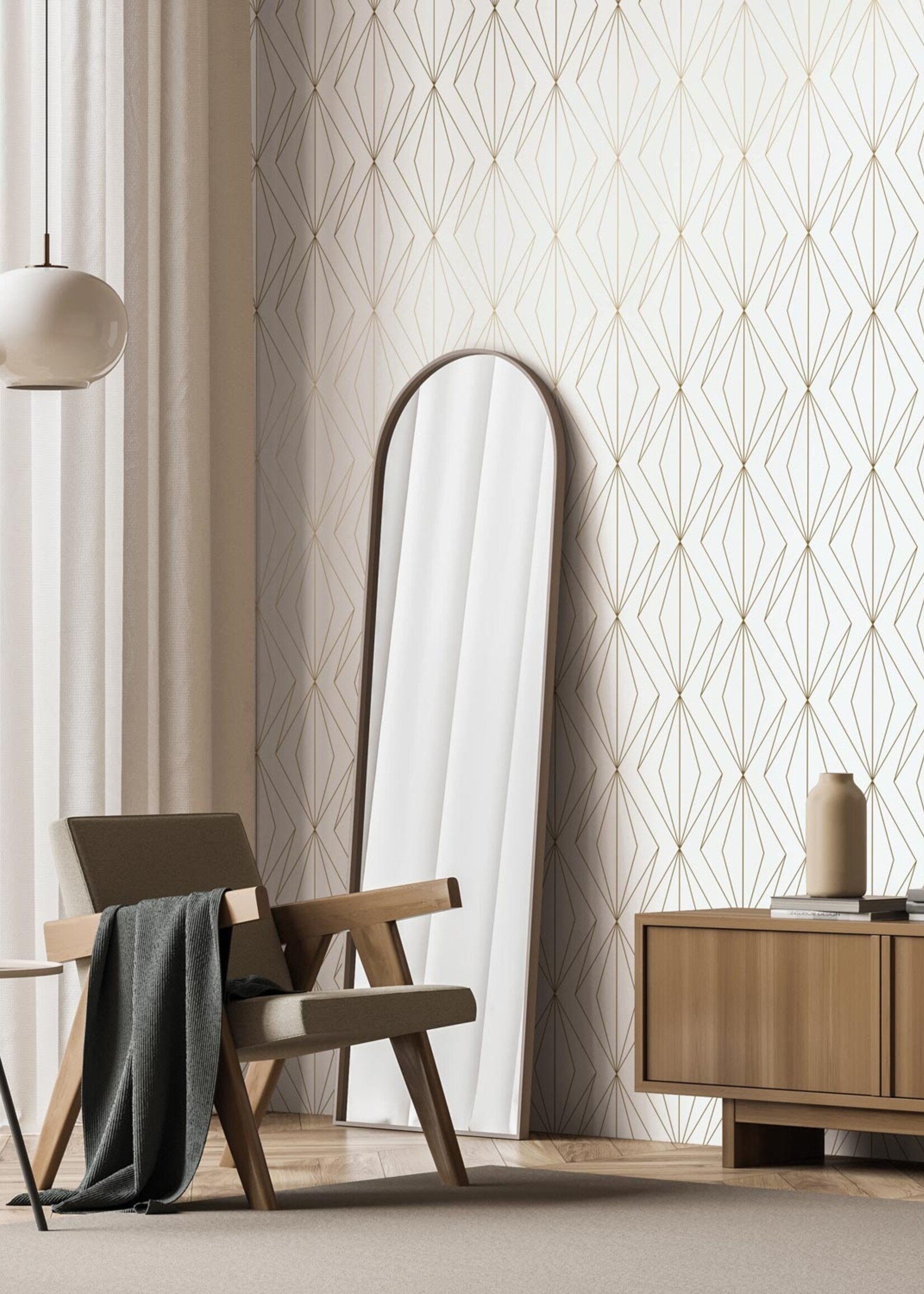 Goud metallic | Afwasbaar Golden Lines, Tapete mit goldenen geometrischen Linien, Grauweiß, Waschbar, 100 x 280 cm