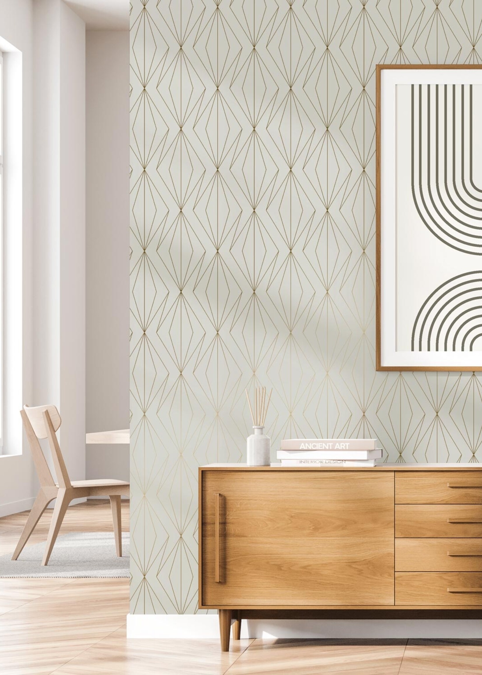 Goud metallic | Afwasbaar Golden Lines, Tapete mit goldenen geometrischen Linien, Sand, Waschbar, 100 x 280 cm
