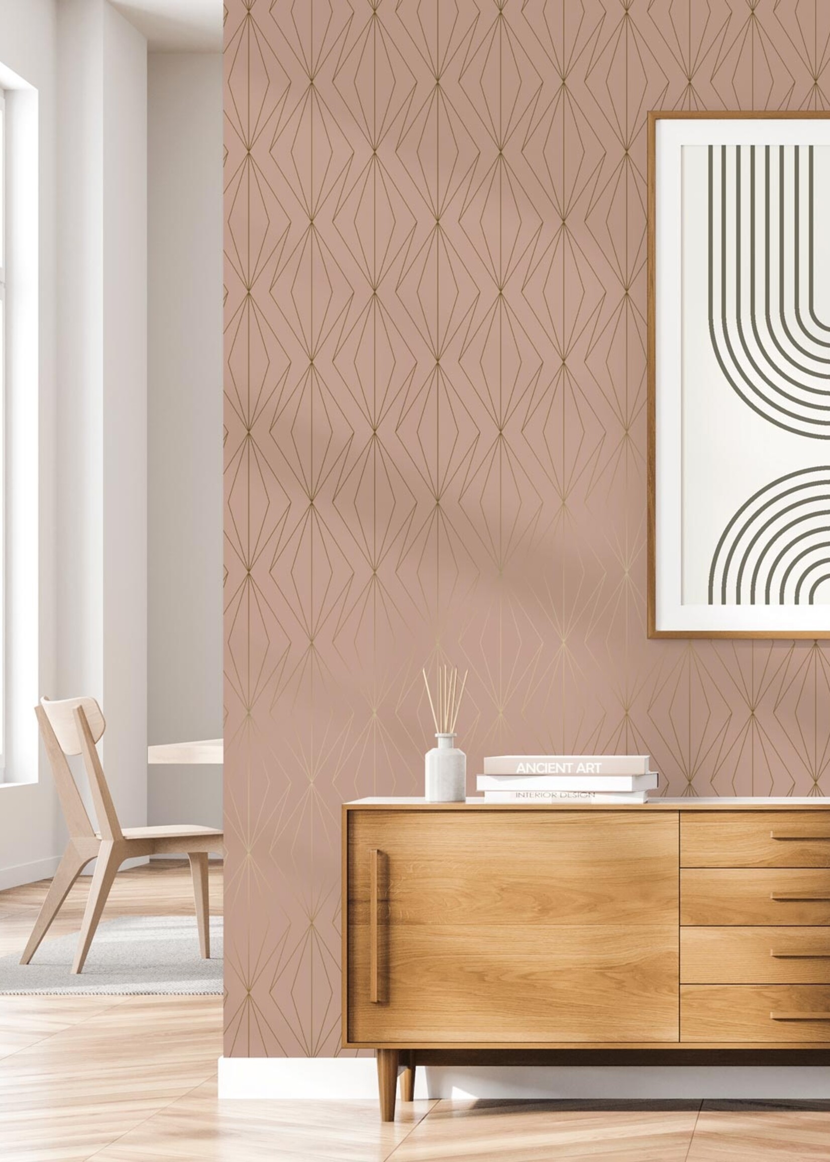 Goud metallic | Afwasbaar Golden Lines, Gold geometric lines wallpaper, Nude, Washable, 100 x 280 cm