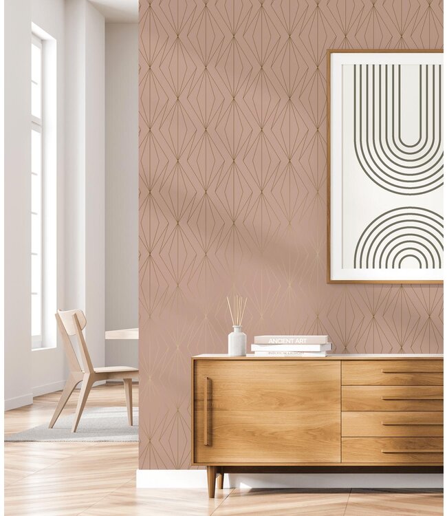 Golden Lines, Goud geometrisch lijnen behang, Nude, Afwasbaar, 100 x 280 cm