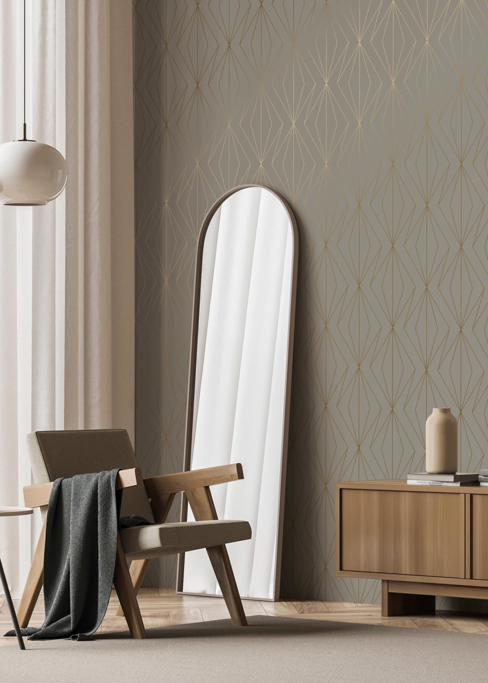 Goud metallic | Afwasbaar Golden Lines, Tapete mit goldenen geometrischen Linien, Taupe, Waschbar, 100 x 280 cm
