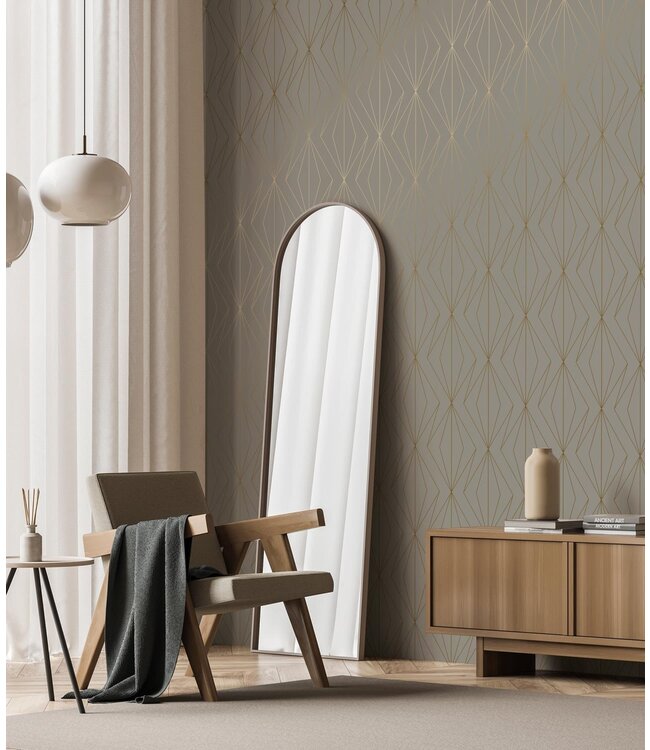 Golden Lines, Goud geometrisch lijnen behang, Taupe, Afwasbaar, 100 x 280 cm