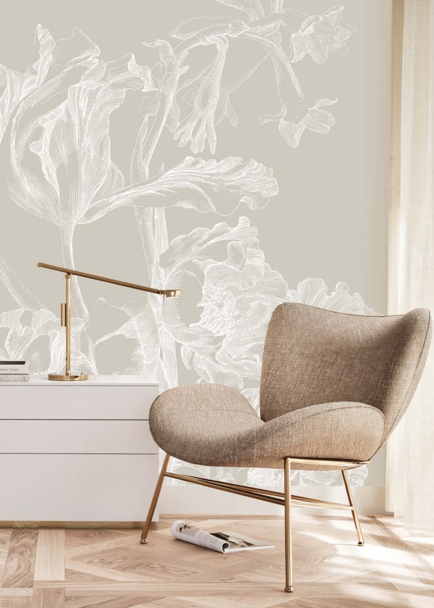 Wandvullend Engraved Flowers, behang met getekende bloemen, Grijs