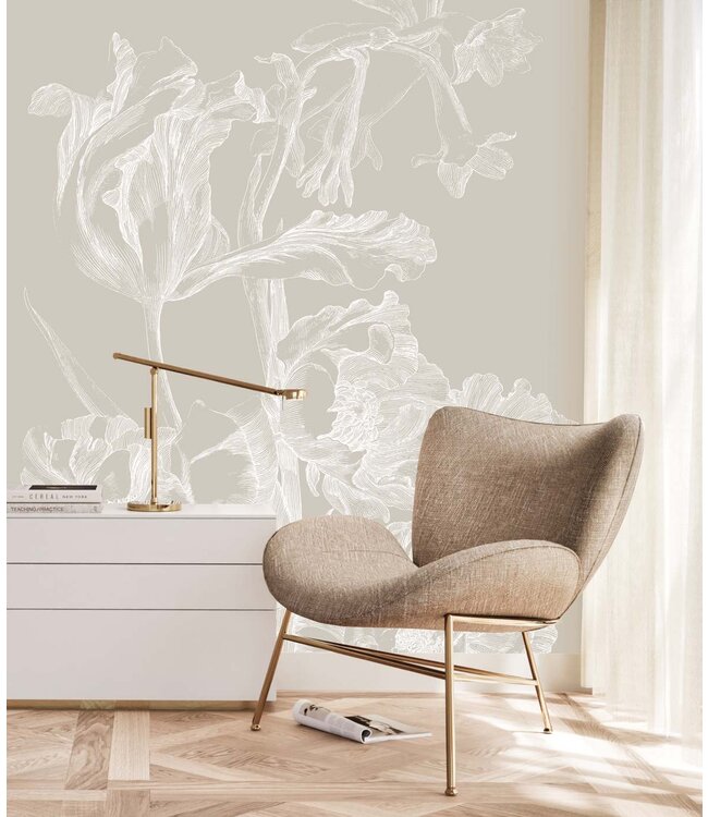 Engraved Flowers, behang met getekende bloemen, Grijs
