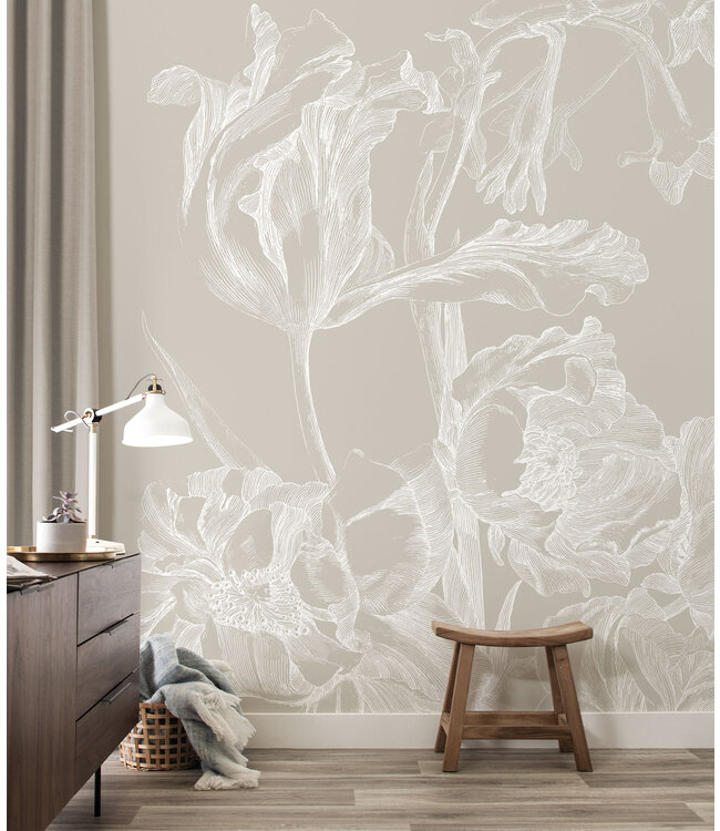 Engraved Flowers, behang met getekende bloemen, Grijs