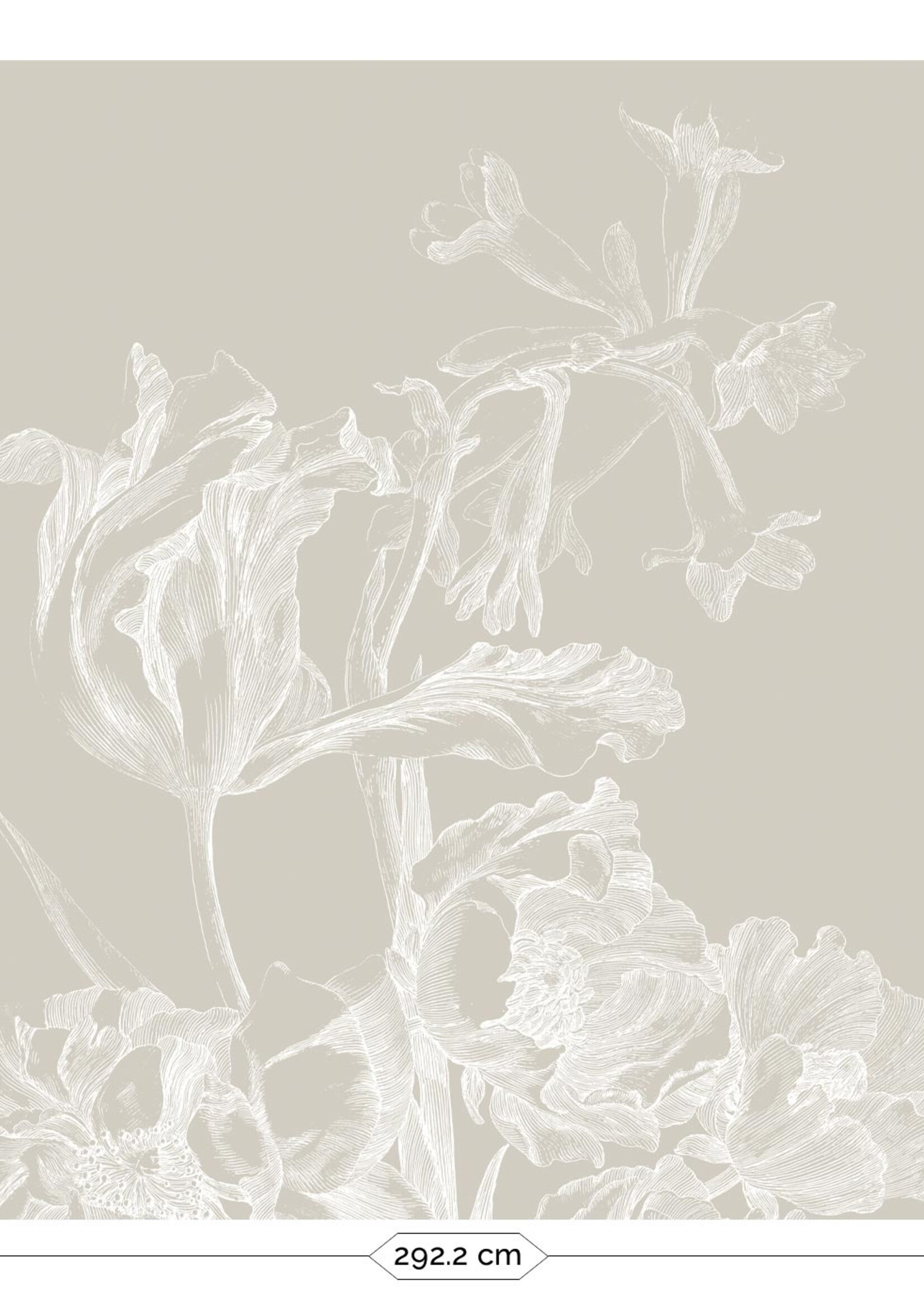 Wandvullend Engraved Flowers, behang met getekende bloemen, Grijs