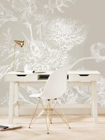 Wandvullend Engraved Flowers, behang met getekende bloemen, Grijs