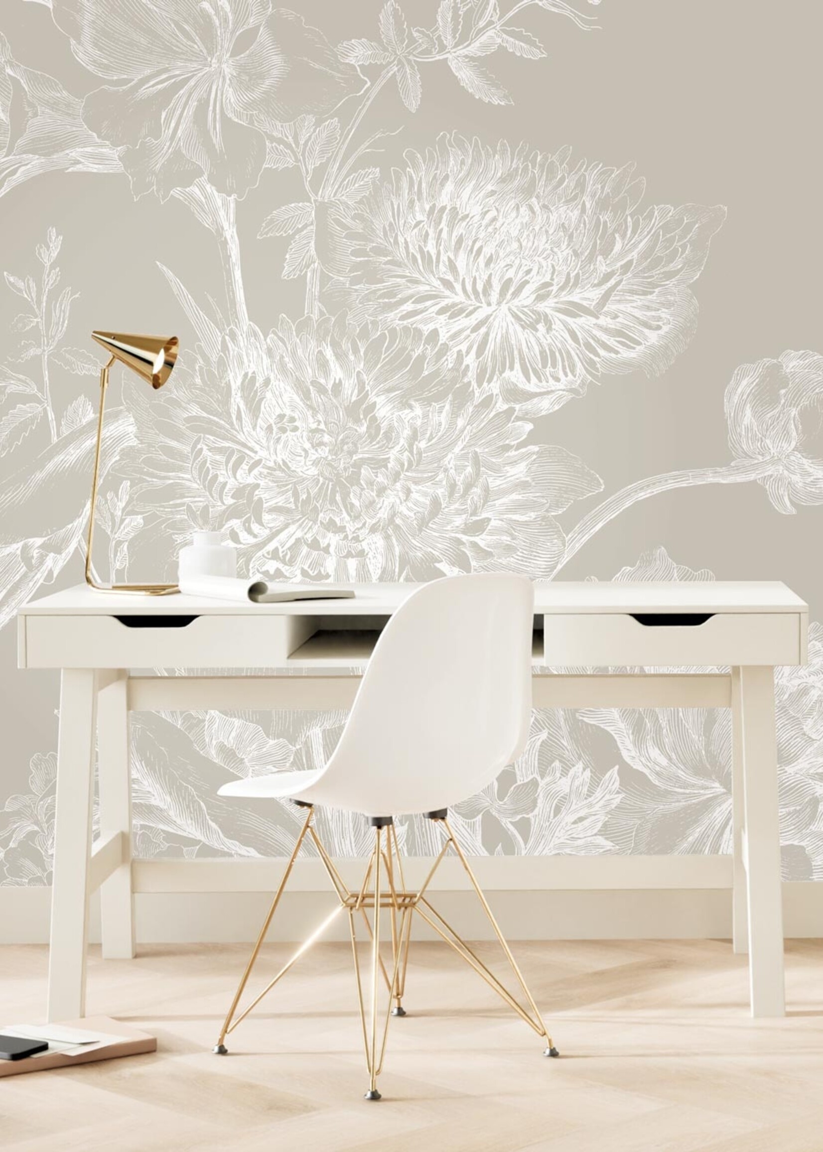 Wandvullend Engraved Flowers, behang met getekende bloemen, Grijs