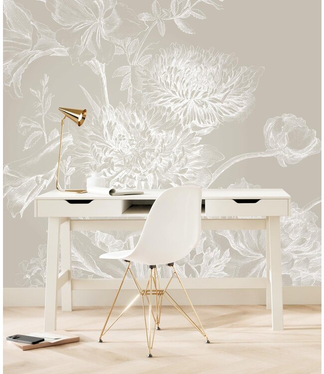 Engraved Flowers, behang met getekende bloemen, Grijs
