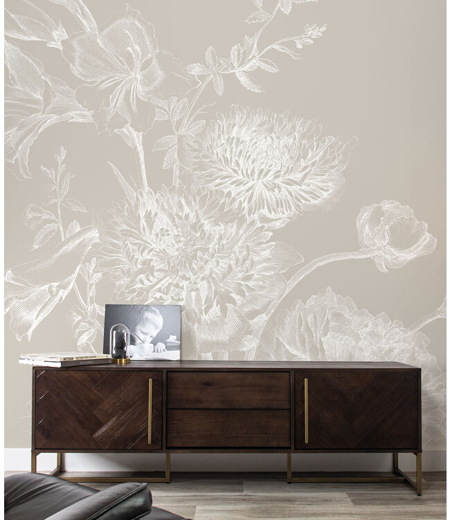 Engraved Flowers, behang met getekende bloemen, Grijs