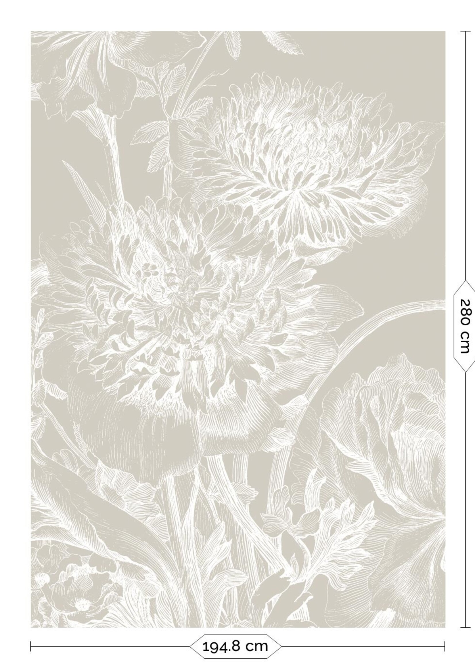 Wandvullend Engraved Flowers, behang met getekende bloemen, Grijs