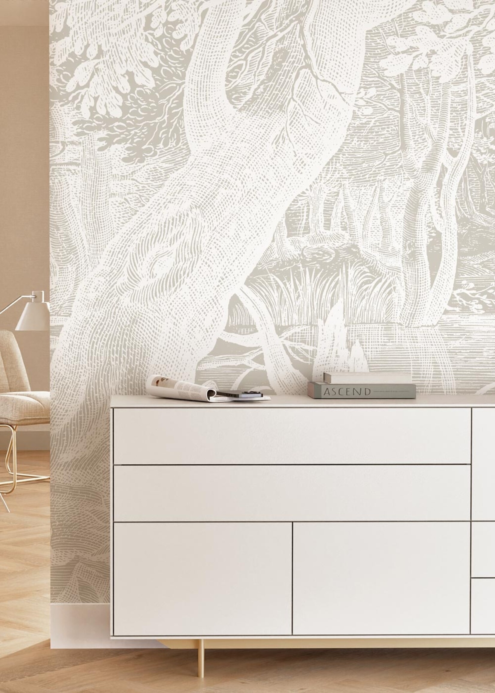 Wandvullend Engraved Landscapes, behang met getekend landschap, Grijs