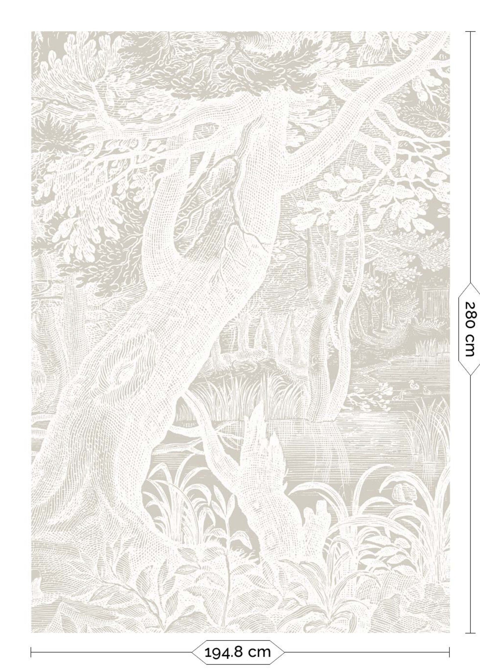 Wandvullend Engraved Landscapes, behang met getekend landschap, Grijs