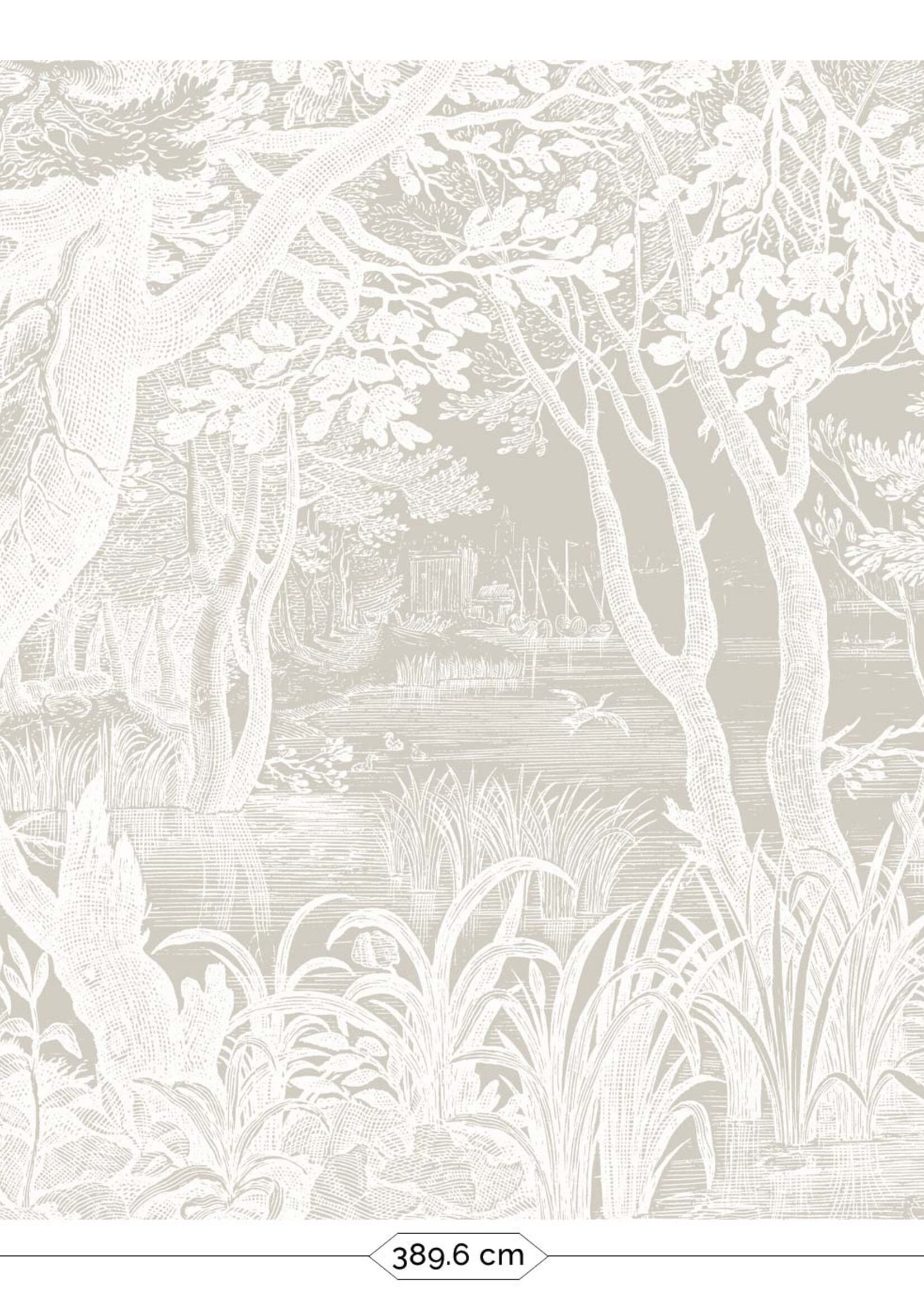 Wandvullend Engraved Landscapes, behang met getekend landschap, Grijs