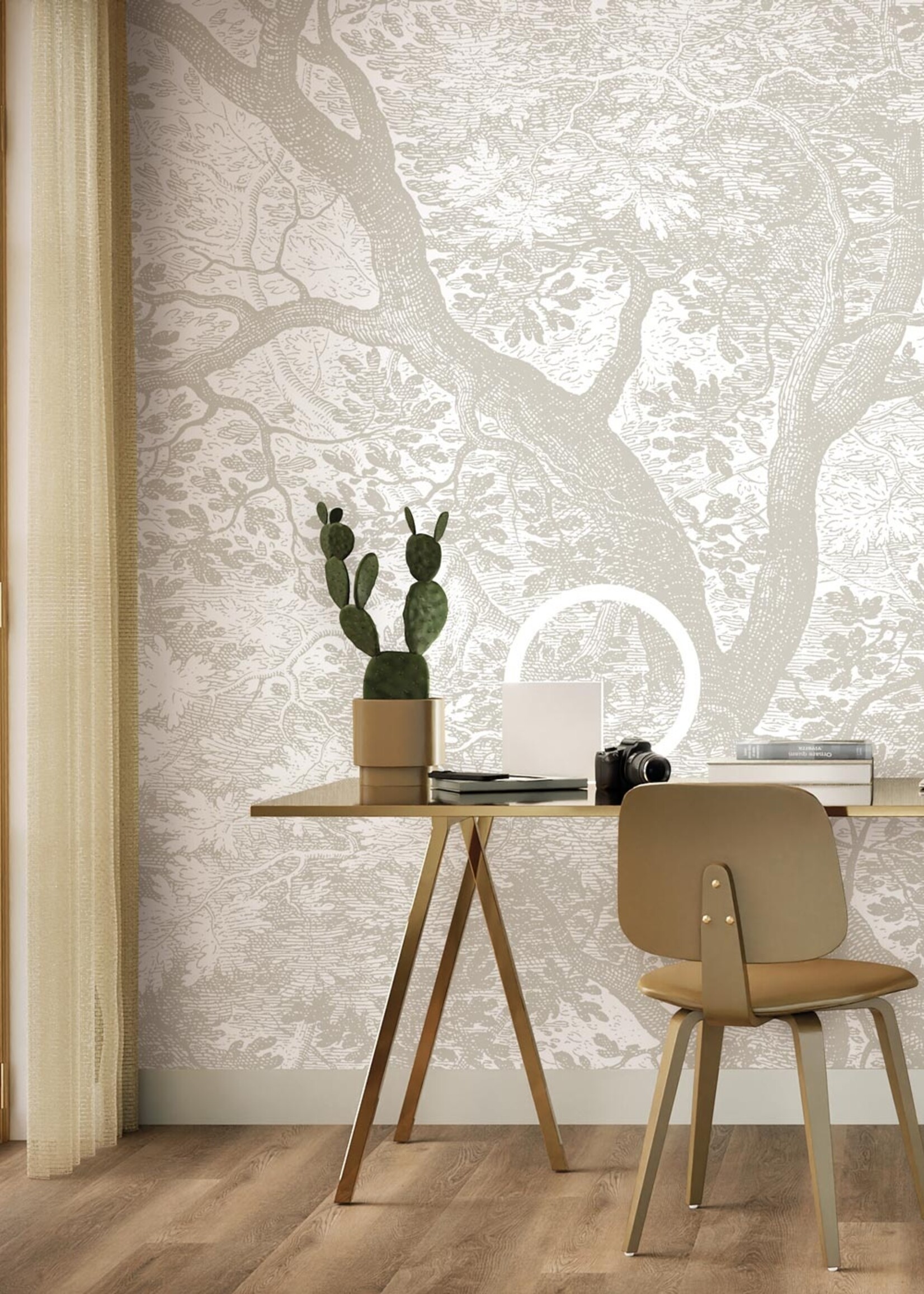 Wandvullend Engraved Landscapes, behang met getekend landschap, Grijs